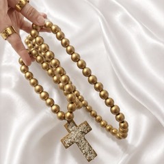 Vintage Original Shattered Fine Art Glass Cross Gold Wood Prayer Beads Necklace