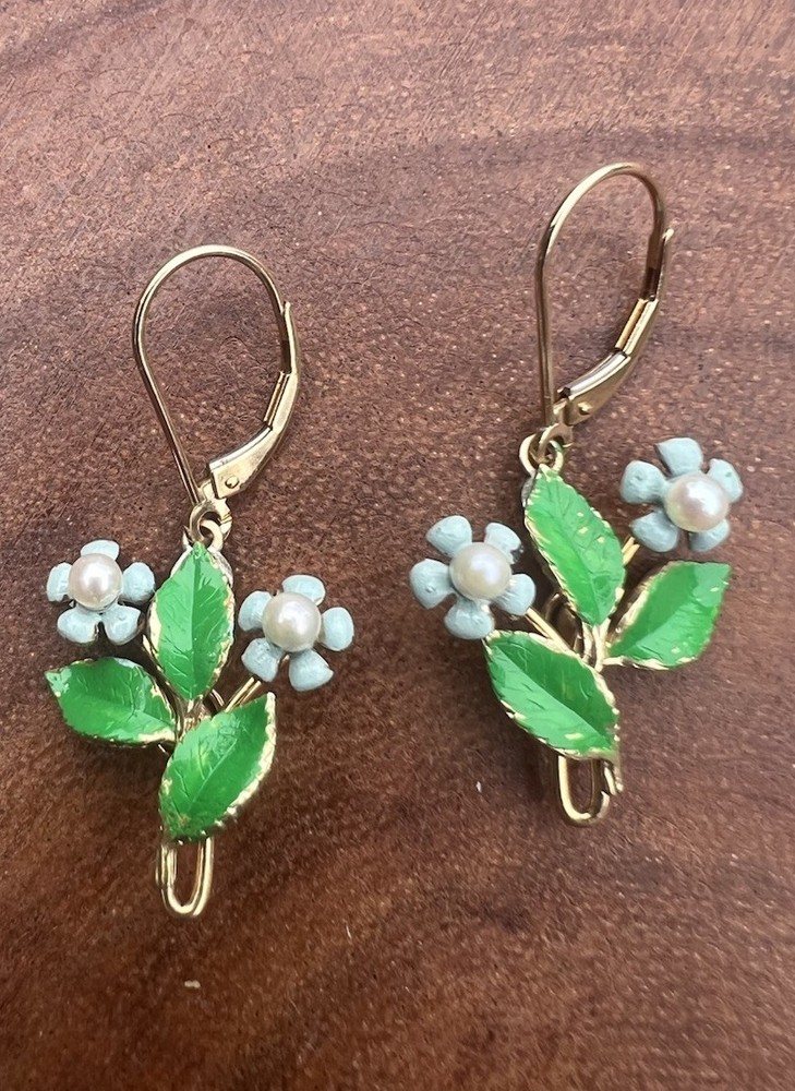 Vintage 14K Gold Overlay Enamel Pearl Blue Floral Leverback Dangle Earrings 1.5”