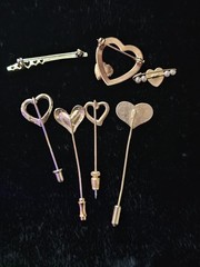 Lot of 7 Vtg/Mod Goldtone Heart Pins Stick Cloisonne Flower Heart Locket Bar Pin