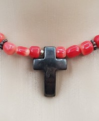 VTG 925 Red Coral Bead 17in Necklace Sterling Silver 15gtw Puffed Open Cross
