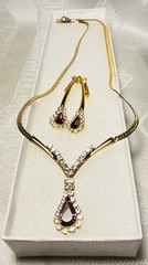 Vintage Rhinestone Purple Teardrop Necklace & Earring Set Statement Jewelry 3pc