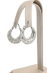 Vintage .925 Sterling Silver Embossed Leaf Puffy Hoop Inserting Wire Earrings