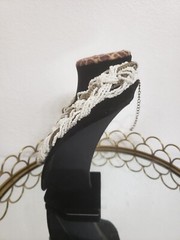 Vtg 1980-90s Statement White Beads/ Gold Metal Bib Braided Neclace Chunky Boho