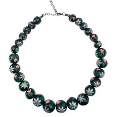 Vintage Chunky Hand Painted Wood Bead Necklace Black Multi-Color Floral BOHO