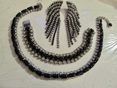 Vintage Jet Black & Clear Rhinestone Necklace Bracelet & Pierced Earrings SET