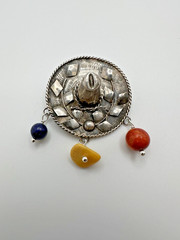 Vintage Sterling Silver Hat Sombrero Lapis Amber Coral Brooch 4.5cm JB23