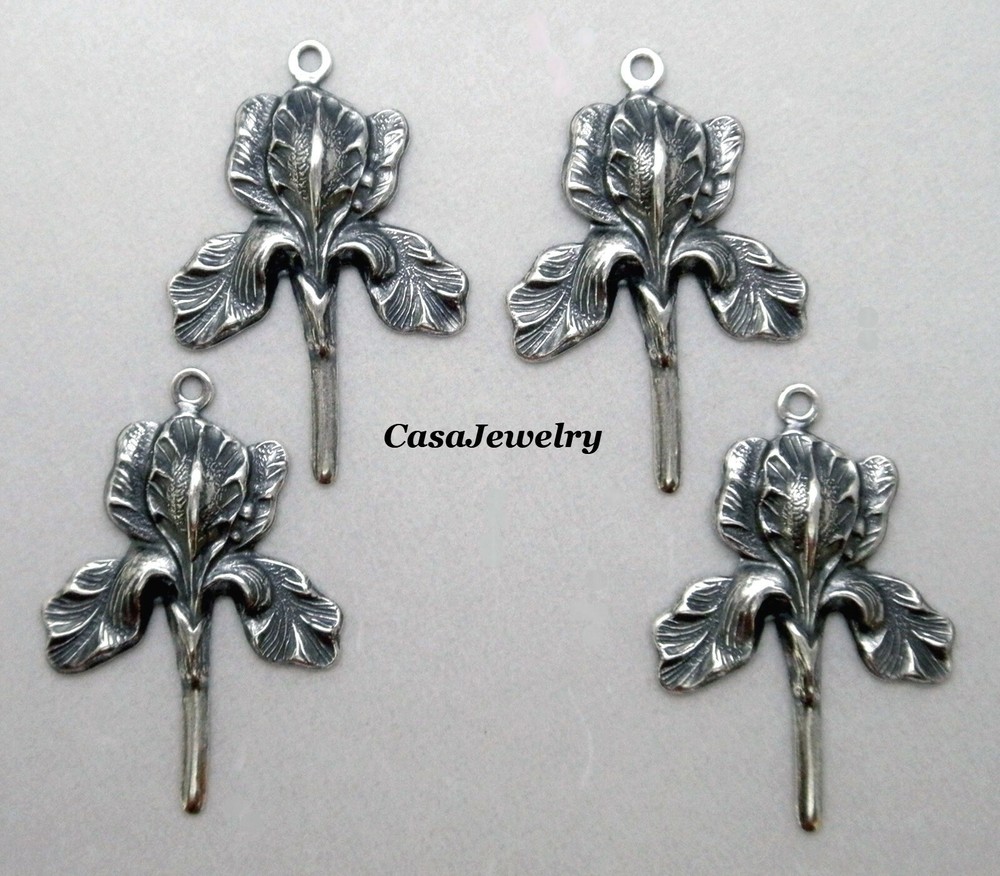 #0146 ANTIQUED STERLING SILVER PLATED IRIS DROP W/TOP HANG RING – 4 Pc Lot