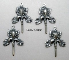 #0146 ANTIQUED STERLING SILVER PLATED IRIS DROP W/TOP HANG RING – 4 Pc Lot