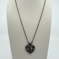 Vintage Gothic Steampunk Heart Pendant Necklace Gunmetal Tone Red Skulls Gears