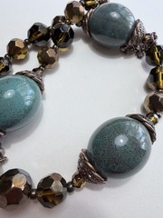 Vintage Necklace Large Blue Green Ceramic Beads, Crystal, Copper Findings 27”