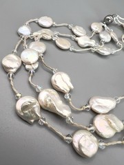 Vintage 3 Strand Freshwater Coin Pearl Necklace Clear Spacer Magnetic Clasp