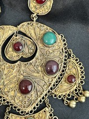 Vintage Brass Persian Kashmir Gemstone Necklace Hammered Bib Statement No Chain
