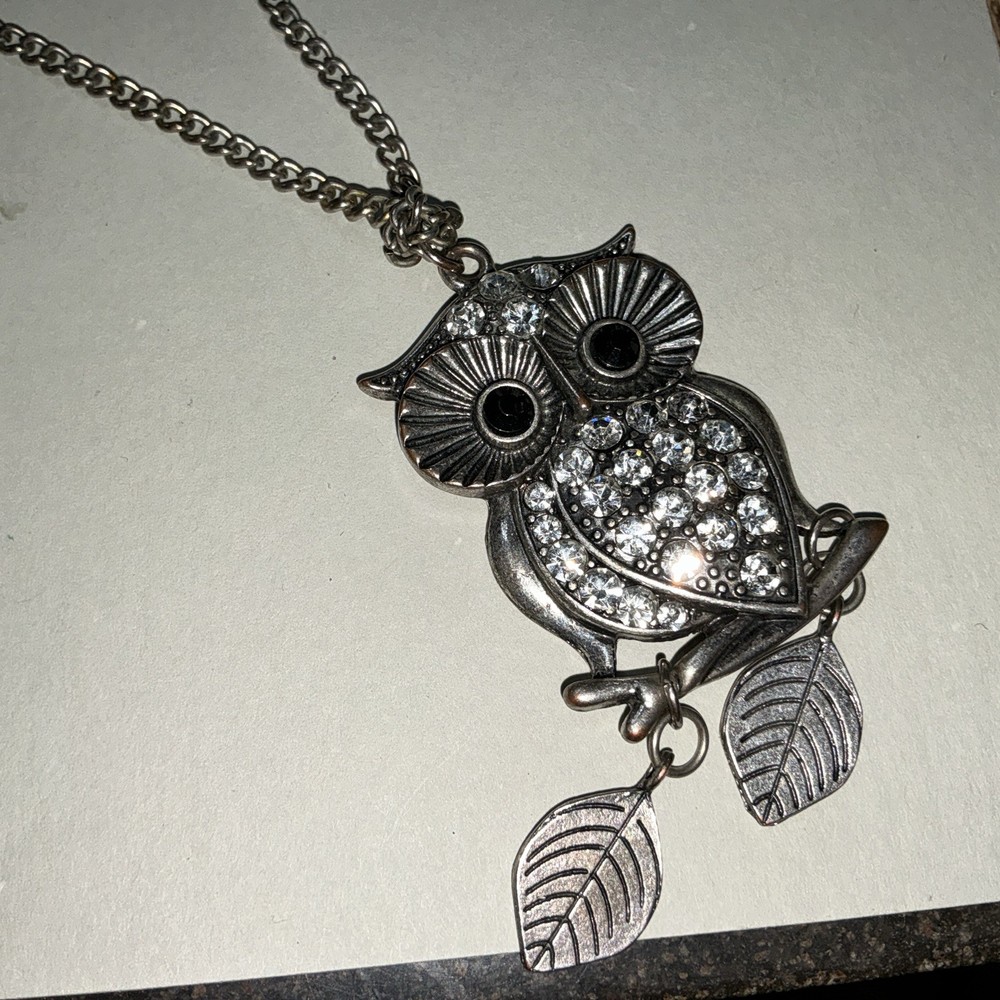 Vintage Silver Toned Owl Neckalce with Rhinestones and Black Faceted Eyes