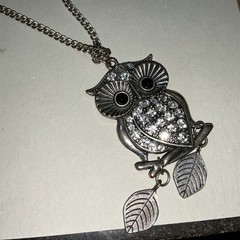 Vintage Silver Toned Owl Neckalce with Rhinestones and Black Faceted Eyes