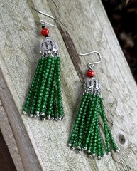 Earrings tassel pendant natural red coral green agate beads 925 Sterling silver