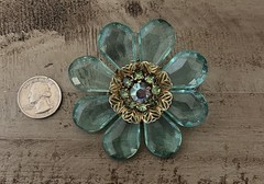 Vintage Mid Century Jumbo Lucite AB Blue Green Aqua Crystal Flower 3” Brooch