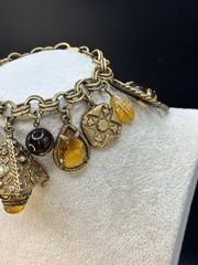 Vintage Mid Century Amber Topaz Rhinestone Charm Bracelet Etruscan Revival