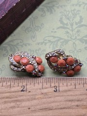 Vintage Rhinestone Earrings Orange Clear & Red AB Rhinestone Leaves Gold Tone