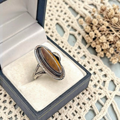 Vintage Designer Tiger Eye Leaf Accent 925 Sterling Silver Frame Ring, size 7.75