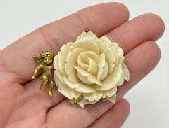 Vintage Cherub Angel Carved Rose Pin Brooch Gold Tone Cream Celluloid