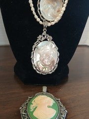 Lot of 4 Cameo Pendants Carved Shell Silver Tone With Pearl Necklace & Bracelet