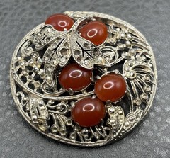 Vintage Art Deco Ornate Filigree Brooch Faux Carnelian Cabochon Silver Tone