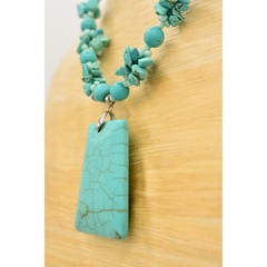 Vintage Cabochon Pendant Necklace Beaded Faux Turquoise Stone Statement Bin1D