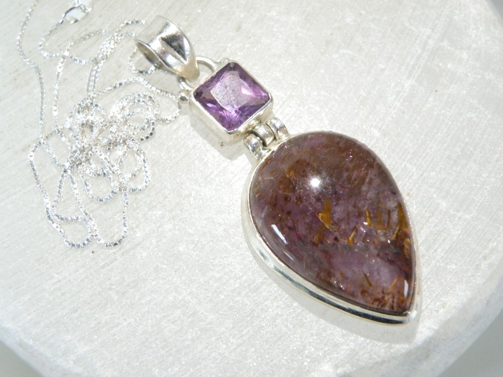 Vintage Sterling Silver 925 Large Natural Purple Rutilated Quartz Necklace
