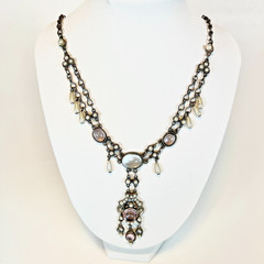 Vintage Moonstone Rhinestone Simulated Pearl Necklace Victorian Poured Glass