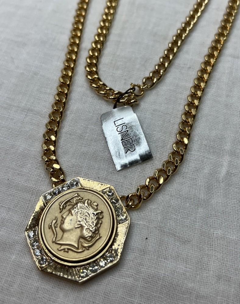 VTG NWT LISNER Runway Statement Roman Coin Rhinestone Medallion Necklace 28” .