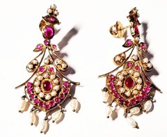 Vintage Chunky Gold Plated Kundan Wedding Earrings Simulated Ruby & River Pearls