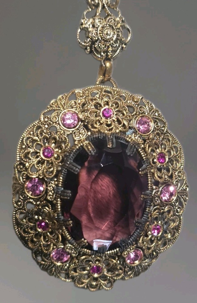 Vintage West Germany Ornate Flower Rhinestone Filigree Necklace Purple Amethyst