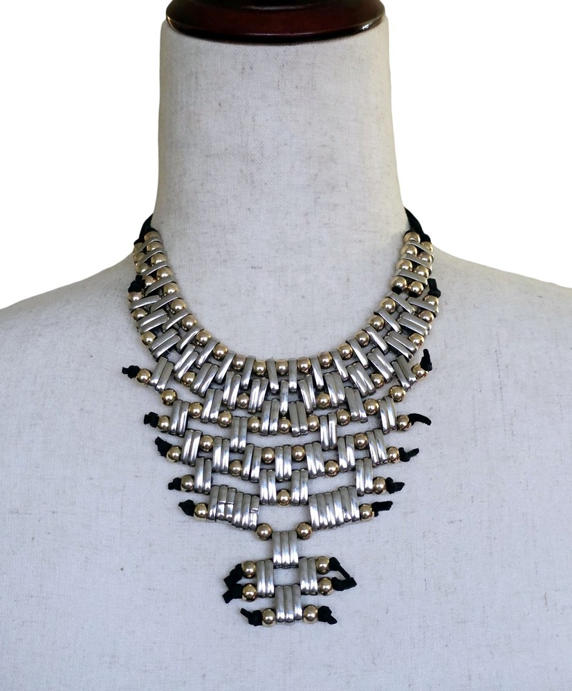Vintage Silver & Gold Tone Beaded Bib Statement Necklace Gothic Black