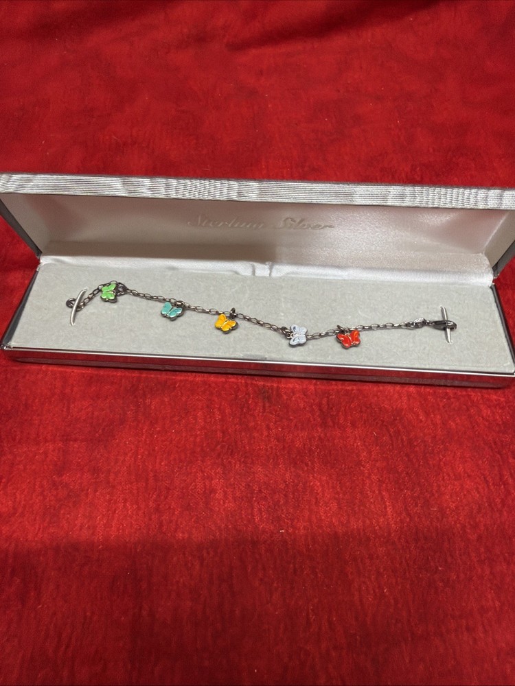 VINTAGE STERLING SILVER BRACELET ENAMELED BUTTERFLY CHARMS ROLO CHAIN (27a)