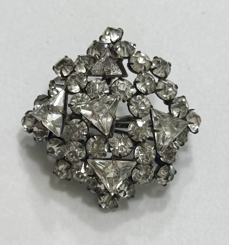 Antique Art Deco Cluster Brooch with Prong Set Round & Trillion Cut Glass Stones