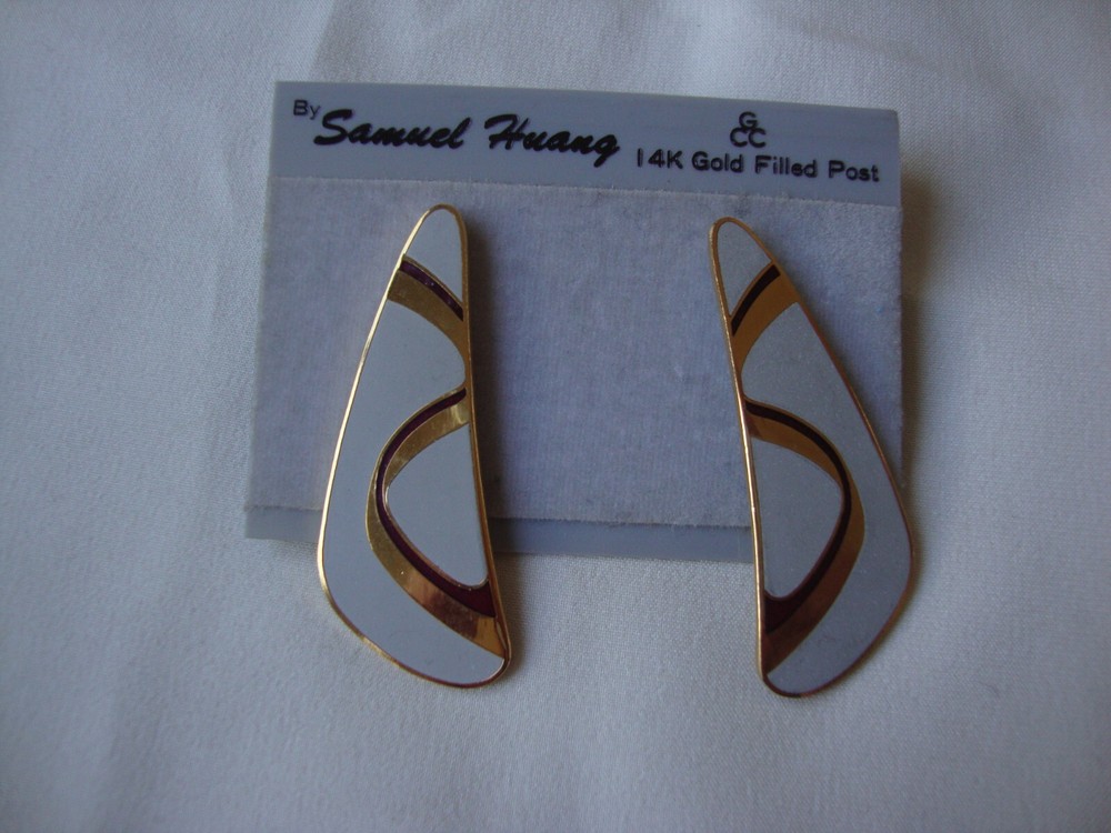 VINTAGE SAMUEL HUANG CLOISONNE RETRO ABSTRACT BURGUNDY & GRAY ENAMEL EARRINGS