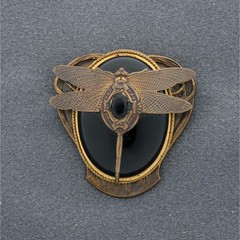 Vintage Patrice Dragonfly Brooch Black Cabochon Gold Tone Art Nouveau Insect Pin