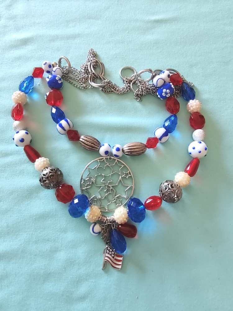 Red White Blue America 4th Of July Acrylic And Lamp work Art Glass Necklace