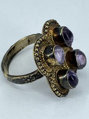 Vintage Sterling Amethyst Ring Boho Cabochon Cluster Gold Wash Silver 925