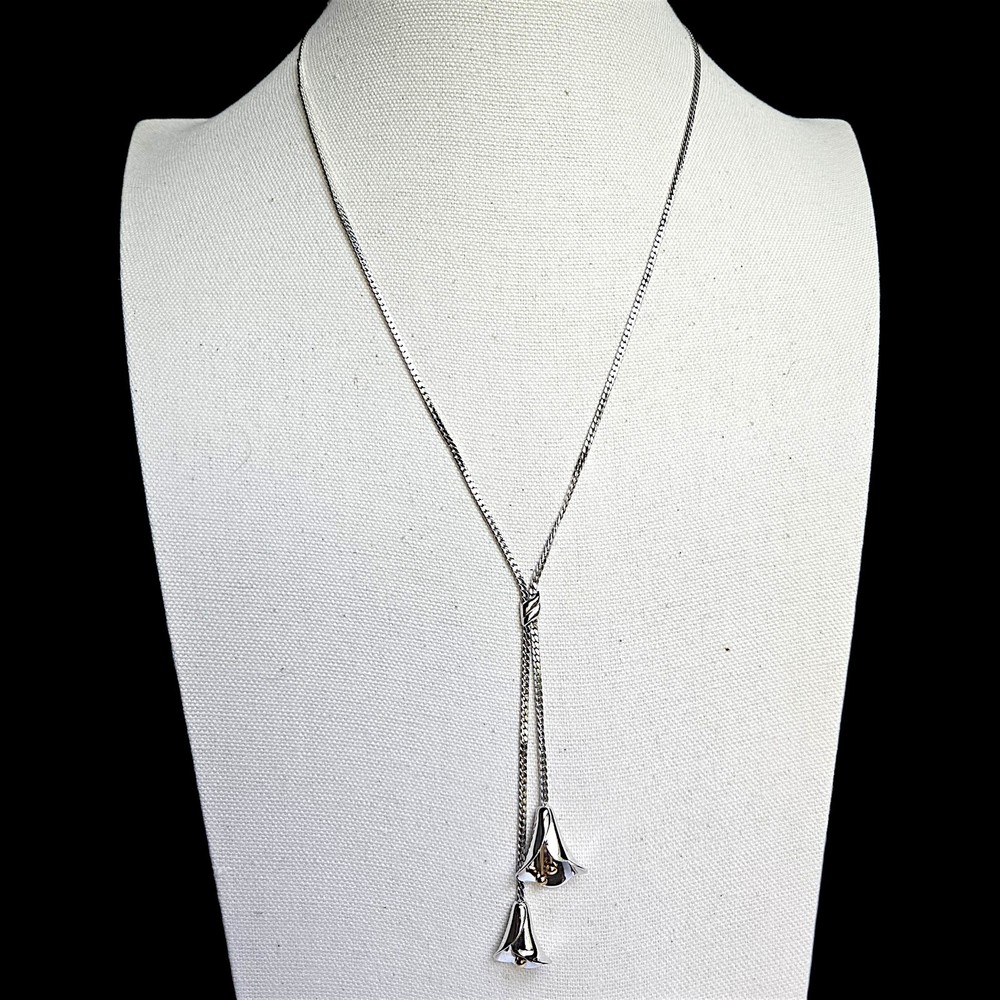 Vtg Avon Calla Lily Flowers Lariat Necklace Y Drop Silver Tone Gold Floral 20″