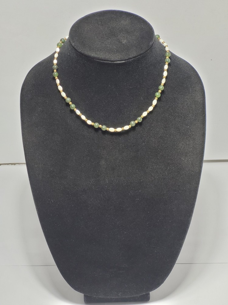 Vintage Green And White Beaded Necklace Natural Gemstones Brass Wire & Beads