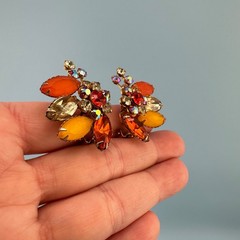 Vintage Rhinestone Clip On Earrings Orange Yellow Frosted Lucite Flower Climbers