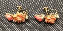 Vntg JAPAN 16 inch Choker Styler Necklace 2 pair Clip Earrings Coral Color 1950s