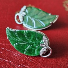 RARE Solid 14k White Gold Carved Spinach Green Jade Large Vintage Earrings