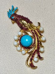 AUTHENTIC SWOBODA COCKATOO BROOCH ~ TURQUOISE, GARNET, CORAL ~LOVELY!