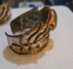 Lot 3 Vtg Unmarked Artisan Mixed Metal Cuff Bracelets Copper Brass Stone