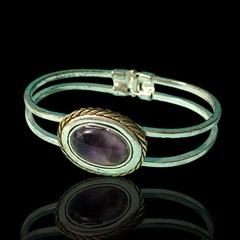 Silver & Gold Plated Purple Fluorite Oval Bangle Bracelet 7.5in