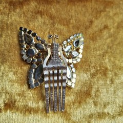 Vtg Weiss Signed Butterfly Hair Comb Mid-century Goldtone Base Blue Rhinestones