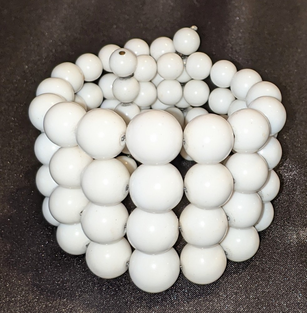 Vintage Mid-Century White Beaded Memory Wire Stretch Cuff Bracelet