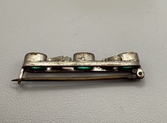 Antique Edwardian Silver Tone Bar Brooch — Green & Clear Paste Stones